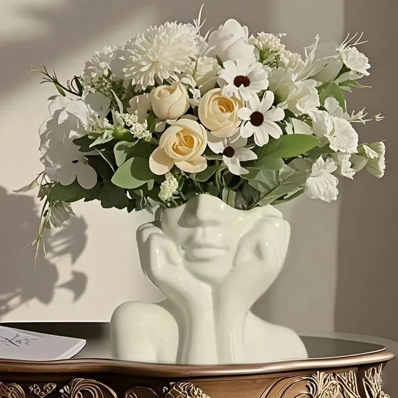 White Vinyl Face Vase Boho Minimalism Decorative Modern Nordic Flower Vases for Home Living Room Office Book Shelf Decor